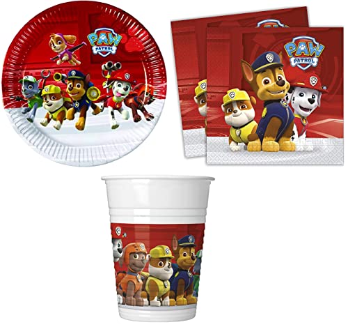 ILS I LOVE SHOPPING Kit Festa 8 Personnes coordonné table Addobbi Party Set anniversaire avec 8 assiettes 23 cm, 8 verres et serviettes Paw Patrol