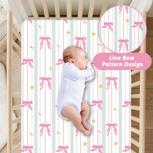 Image of Crib Sheet for Baby Girls Boys, Fitted Crib Sheet Neutral for Standard Crib and Toddler Mattress, Soft and Comfortable Microfiber Baby Mattress Sheet 52 inch X 28 inch Line Bow