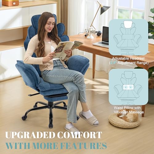 Image of Flip Armrests Criss Cross Office Chair, Reclining Office Chair with Foot Rest, Adjustable Headrest, Massage Waist Pillow, Cross Legged Big and Tall Desk Chair Wide Seat Vanity Chair, Blue Fabric