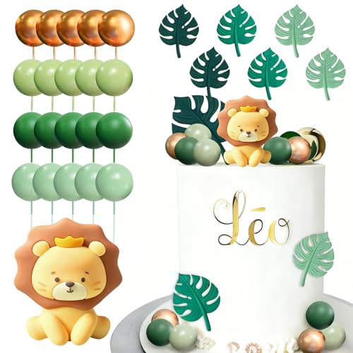 LIULINY 27 Piezas Decoracion Tartas Animales, DIY León Cake Topper Incluye 6 Hojas de Monstera, Decoración para Tartas Infantiles para Fiesta de Cumpleaños Infantil con Temática de Animales Safari
