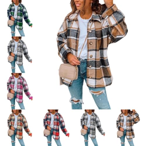 Womens Plaid Shacket Jacket Button Down Long Sleeve Plaid Shacket Casual Rolled Up Boyfriend Blouses Tops Winter Coats3