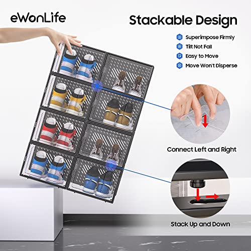Ewonlife Large Shoe Storage Box With Magnetic Door, 12 Pack Clear Plastic Stackable Sneaker Organizer For Closet, Connect Left And Right Shoe Containers Bins For Entryway, Drop Front, Under Bed, Black #TOP2