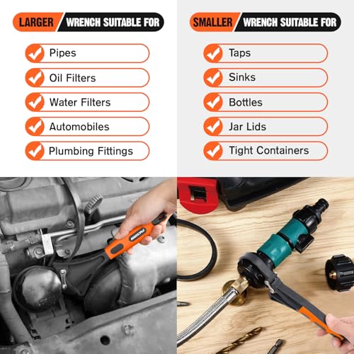 Image of 2-Piece Strap Wrench Set, Adjustable Rubber Oil Filter Wrench Max Diameter 4 inch and 6 inch, Jar Opener Set Heavy Duty Blet Wrenches for Drain Sewer Cap Sink Pliers Nut Shower Head Valve Removal