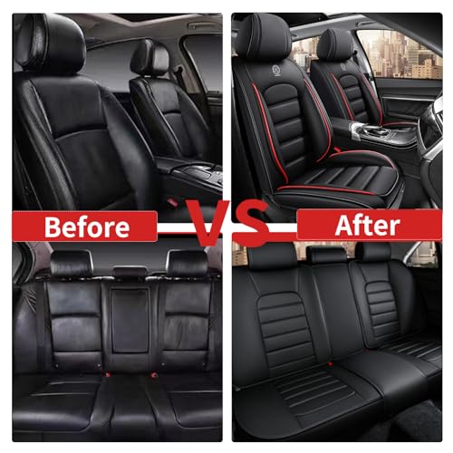 Image of Fit for Sedan SUV Pick-up Truck,Automotive,Ice Slik Nappa Leather Car Seat Covers,Waterproof Durability Washable Seat Covers,5 Seat Complete Set Luxury Car Seat Cover(Black & Red)