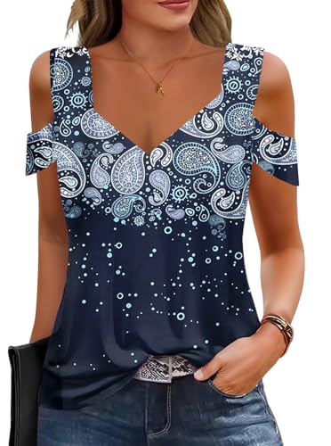 Soesdemo Summer Boho Blue Printed Tops Womens Tunic Top...