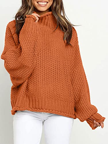 Image of ZESICA Women's Turtleneck Batwing Sleeve Loose Oversized Chunky Knitted Pullover Sweater Jumper Tops,Orange2,XX-Large