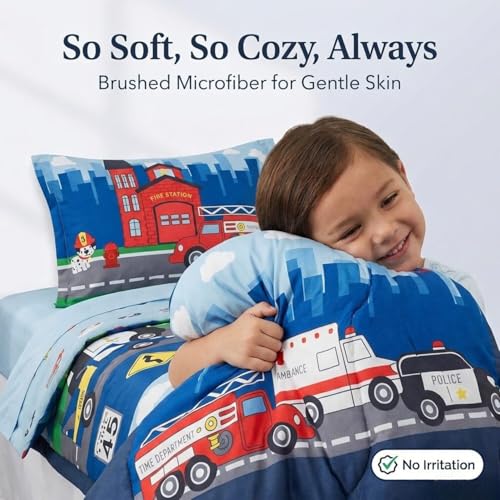 Image of EVERYDAY KIDS 4 Piece Toddler Bedding Set -Fire and Police Rescue- Includes Comforter, Flat Sheet, Fitted Sheet and Reversible Pillowcase