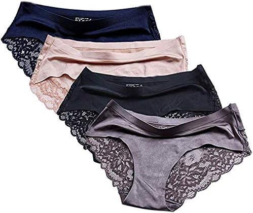 Plus Size Lace Underwear for Women Ladies Panties Silk Satin Bikini Cheeky Sexy Invisible Seamless Hipster Cheeky Lace Trim Nylon Quick Dry Briefs 4 Pack Size 7/8