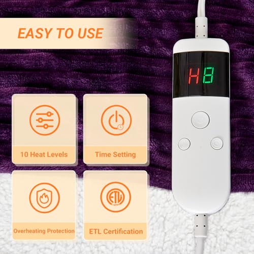 Image of Heated Blanket Electric Throw, Soft Flannel Heating Blanket with 8 Hours Auto Off 10 Fast Heating Levels Machine Washable Sherpa Heated Blanket with Overheating Protection