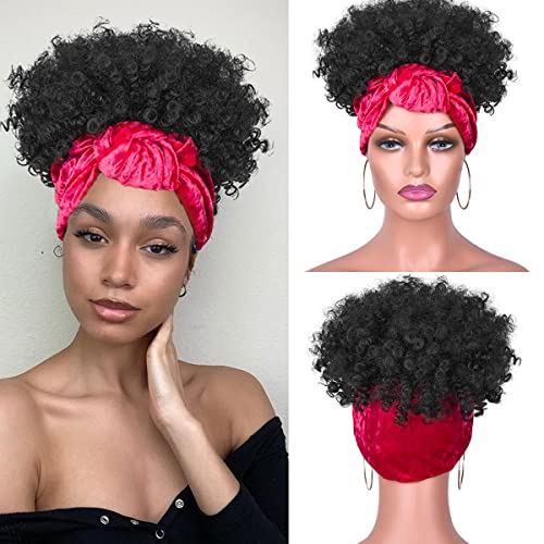 Goodly Short Curly Afro Headband Wigs for Black Women Kinky Curly Black Wigs with Headwraps High Puff Scarf Wigs Wrap Wigs 2 in 1 Synthetic Short Curly Hair Wig(red C-1B)