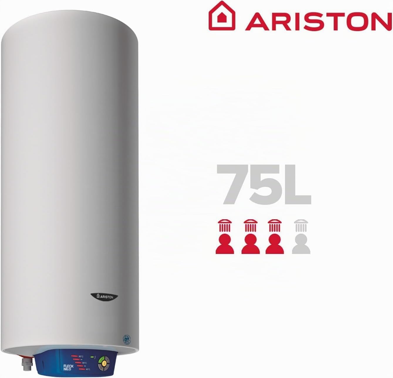 Ariston, Fleck Nilo - Termo Eléctrico 75 Litros, Calentador de Agua Eléctrico Horizontal y Vertical Eficiente, Calentadores 41.3x43x95 Fabricado para Instalación en España - Eficiencia B, Rango (A+/F)