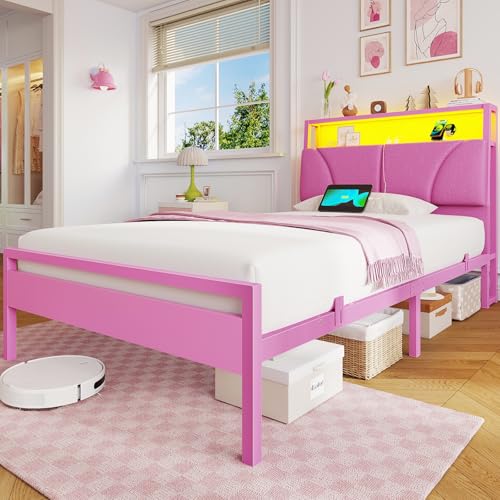 Brinlawb Lit Fille 90x190 cm avec Éclairage LED et Multiprise (2 Prises AC et 2 Ports USB) Cadre de Lit 90x190 avec Sommier Métal, Lit Enfant 90x190 cm,...