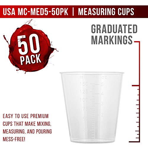 Pouring Masters 5 Ounce (150Ml) Graduated Plastic Measuring Cups (50 Clear Cups & 25 Mixing Sticks) - For Acrylic Paint, Resin, Epoxy, Art, Kitchen, Cooking, Medicine, Laboratory - Oz, Ml Measurements #TOP1
