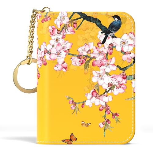 Image of Aiawoxc Credit Card Holder, Small RFID Wallet Slim Leather Card Organizer Case with Zipper and Keychain, Beauty Flowers