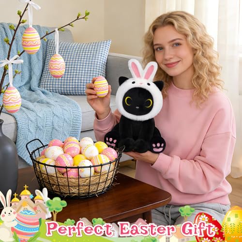 Image of Black Cat Plush with Removable Bunny Hood - Cute Stuffed Animal | Kawaii Soft Toy for Kids Toddlers, Birthday Gift for Boys Girls, Party Favors