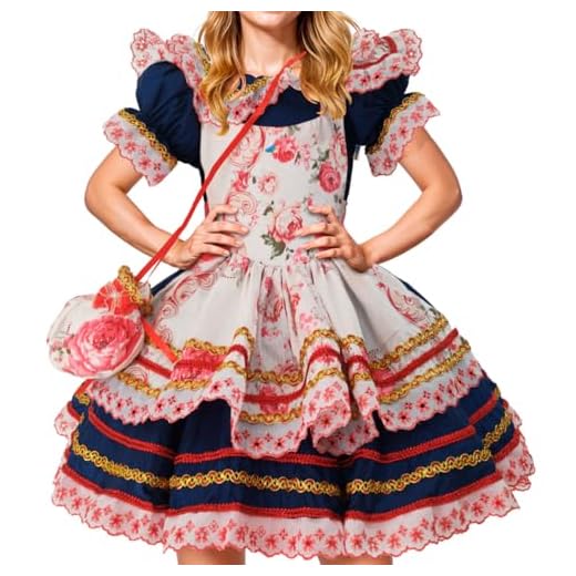Vestido São Joao Feminino Adulto Super Luxo Festa Junina Azul Marinho com Avental Floral e Bolsinha Saia Rodada Armada (Marinho, PP 32-34)