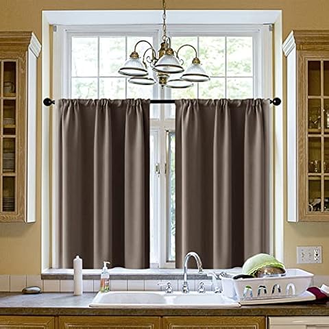 CUTEWIND Blackout 24 inches Long Kitchen Curtains Coffee Brown Rod Pocket Drapes Thermal Insulated Light Reducing Tier Curtains for Small Windows 1 Pair Cover