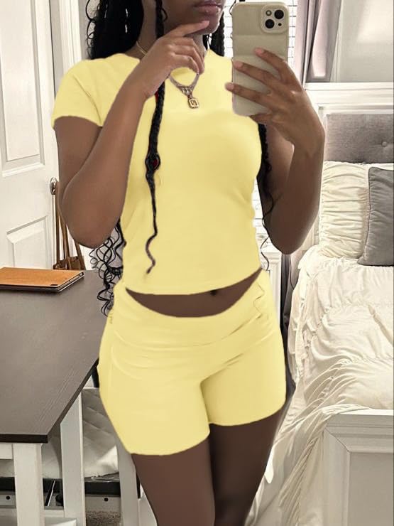 Image of AYWA Women's Two Piece Sets Summer Slim Fitted Short Sleeve Tops Foldover Shorts Matching Lounge Sets