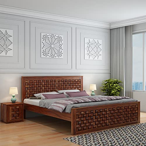 Image of WOODLAB Furniture Sheesham Wood King Size Bed Without Storage and with Niwar Style Headboard | Wooden Double Size Cot Palang for Bedroom Living Room Hotel and Home (Honey Finish)