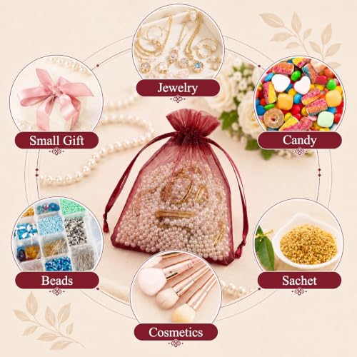 Image of ANZNKU 100 PCS Organza Bags 5 x 7, Burgundy Small Mesh Gift Bags Drawstring
