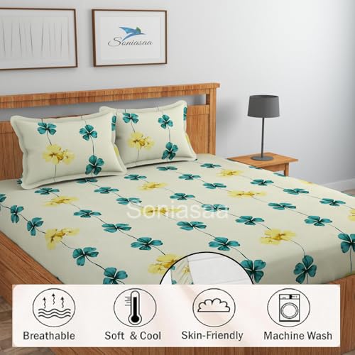 Image of 200 TC Cotton Feel All Around Elastic Fitted Bedsheet, Elastic Fitted Bedsheet King Size Bedsheet for Double Bed with 2 Pillow Covers, Size - 72 x 78 x 8 Inch Color Off White