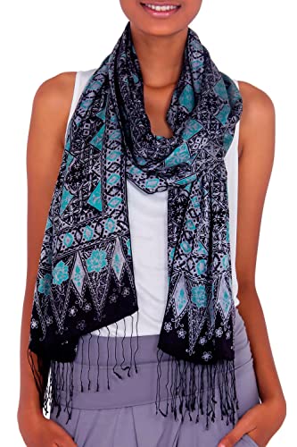 NOVICA Artisan Handmade Silk Batik Shawl in Indonesia Accessories Shawls Blue Placid Bright Cobalt Serenity Patterned ' Blue Sarangan'2