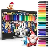 20 Pennarelli per Tessuti e Stoffa - Colori Atossici, Indelebili e Permanenti a Punta Fine - Ideali per Magliette, Borse in Stoffa e altri Tessuti - Per Bambini e Adulti