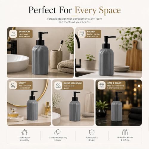 Image of Rioware Ceramic Soap Dispenser Hand Wash Bottles for Basin | Multipurpose Refillable for Liquid Shampoo, Kitchen, Bathroom, and Household Use | 300Ml, Pack of 2 - Solid Grey