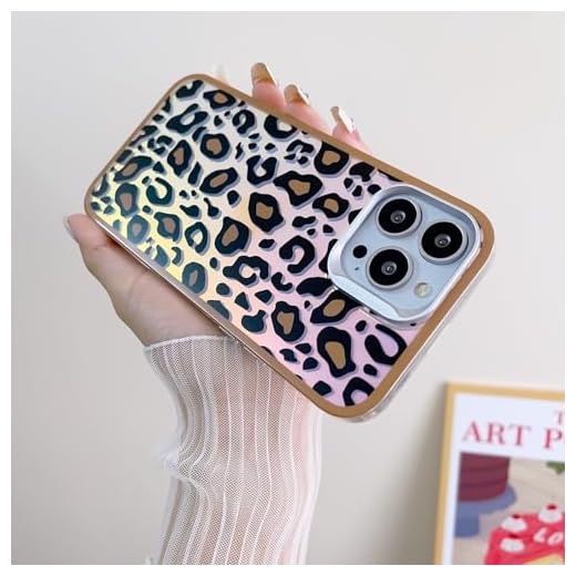 Cute Designed for iPhone 13 Pro Max, Iridescent Leopard PC Back Shockproof Clear Glossy Case for Women Girl