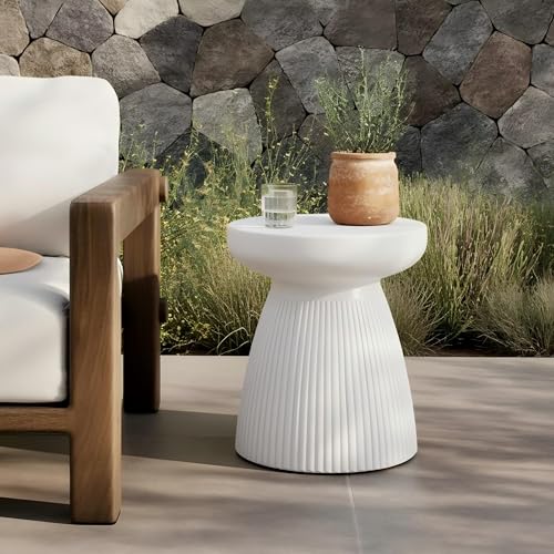 Christopher Knight Home Luce Round Side Table Outdoor Concrete End Table Vertical Texture Accent Table Decorative Side Table Stylish End Table for Patio Balcony Beach Pool Side White