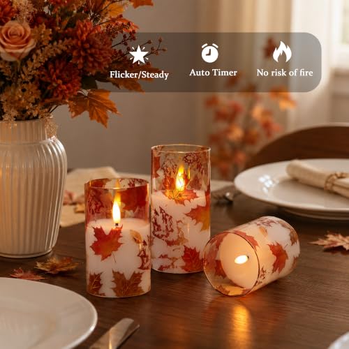 Image of JOIONE Fall Flameless Glass Candles, 3 Pack Maple Leaf LED with Remote