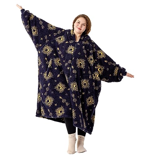 Winthome Plus size Blanket Hoodie for 90-150kg Women Men Adults, 6XL Oversized Sherpa Wearable Blanket with Lengthen Zipper (Blue Sun)