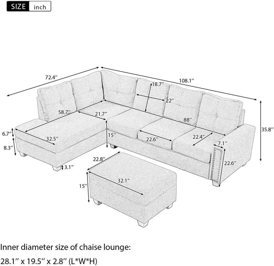 L-Shape Sectional Sofa,Reversible Sectional Sofa with Storage Ottoman Rivet Ornament, for Large Space Dorm Apartment