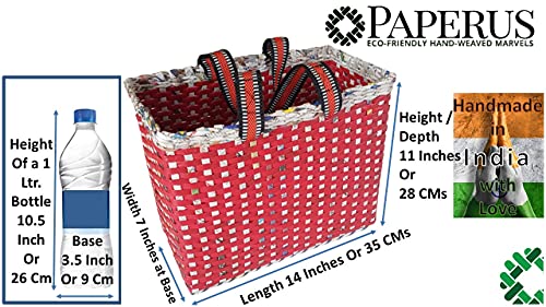 Image of Paperus, Large, Lunch Bag, Picnic Basket, Carry Bag, Handbag, Tiffin Basket for Office; Rectangular, Eco-Friendly, Handmade, of Paper Ropes, in Inch 11 H, 14 L, 7 Wide Base Red