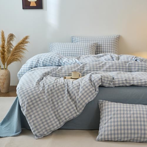 Image of EAVD Vintage Style Blue&White Plaid Gingham Duvet Cover Full Soft 100% Washed Cotton Chic Grid Checkered Bedding Set with 2 Pillowcases Farmhouse Blue Plaid Duvet Cover with Zipper Closure