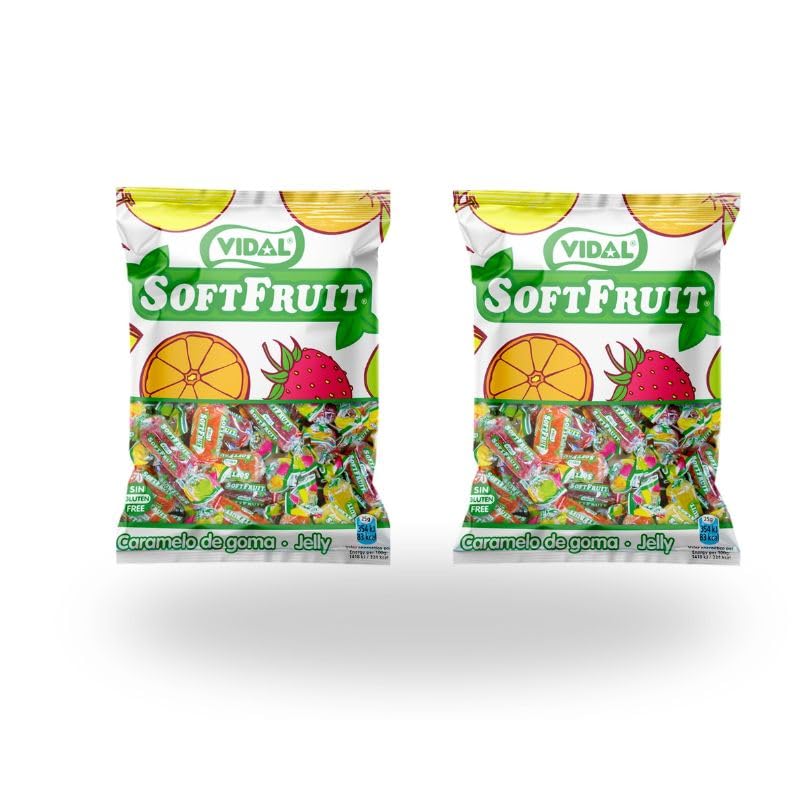 Vidal Golosinas | Pack 2 bolsas de 1 kg | Soft Fruit, Caramelo de goma envuelto, Colores Amarillo, Rojo y Naranja | Sabores Piña, Limón, Naranja, Manzana y Fresa.