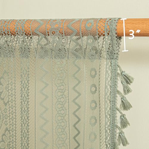 Image of MYSKY HOME Sage Green Lace Tier Curtains 24 Inch Length 2 Panels Kitchen Cafe Sheer Short Boho Half Country Rod Pocket Curtains for Small Windows Basement Bathroom, 34 inch Wide Each Panel