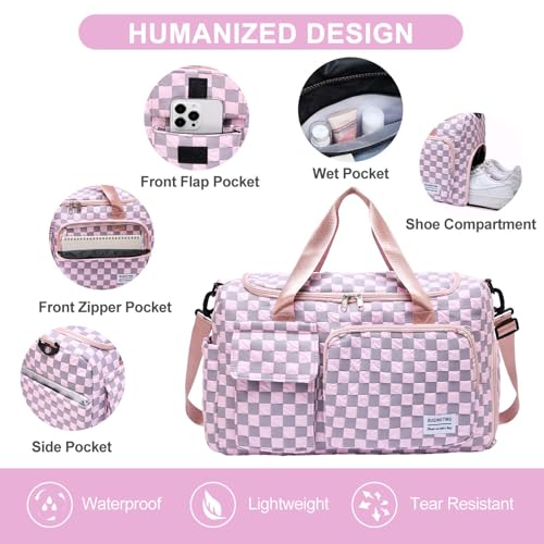 Image of BEULPTN Small Gym Bag for Women, Travel Duffel Bag Carry On Weekender Bag with Shoe Compartment, 39#pink Checkered