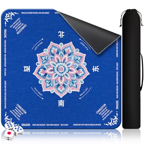 GreenD Mahjong Mat for Table 31.5x31.5 Rubber American Mahjong Mat with Rules Non Slip Noise Reduction Game Table Cover with Dice and Bag for Mahjong Poker Board Card Tile GamesBlue