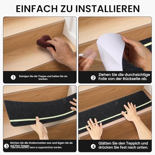 DEKEones 15 Stück Treppenmatten mit Glow in Dark Streifen, 76x20cm Treppenmatten Selbstklebend für Holztreppen, 100% Polyester TPE Rückseite Treppenteppich für Kinder, Ältere und Haustiere（schwarz）