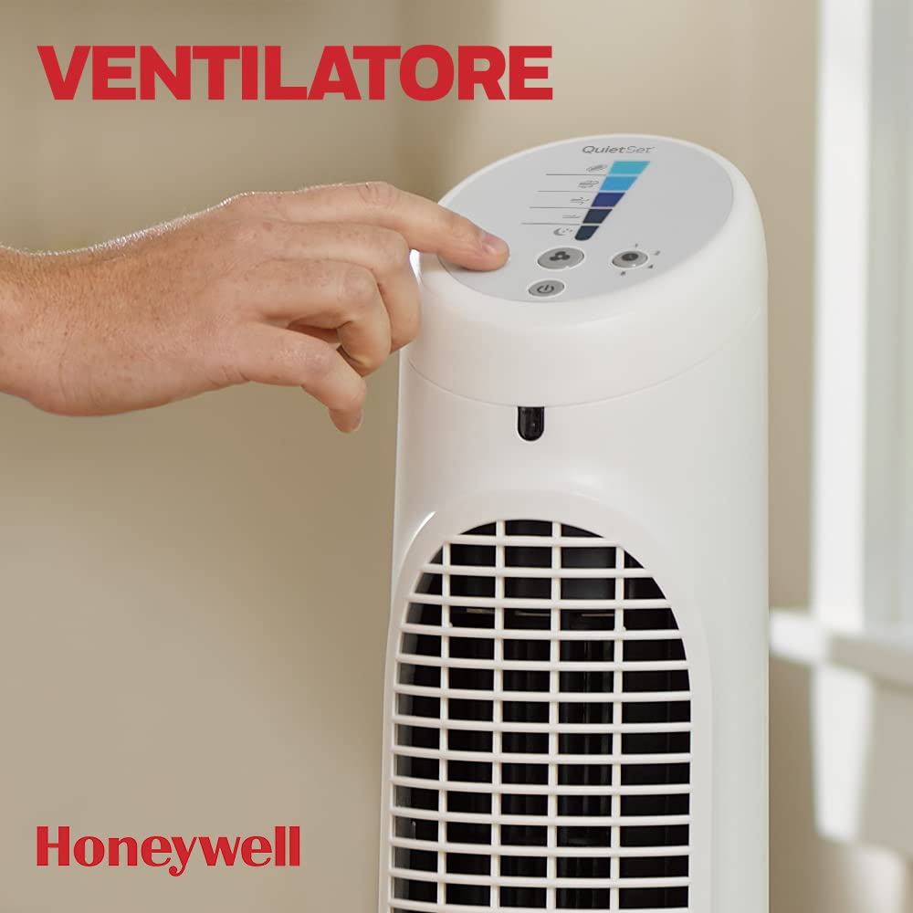 Ventilatore a torre oscillante per l'intera stanza Honeywell QuietSet (5 impostazioni di velocità, oscillazione a 80°, timer, luci a spegnimento automatico, telecomando) HYF260