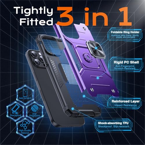 Image of Anqrp Heavy Duty Case for iPhone 15 Pro Case with Enhanced Ring Holder Grip Stand, Military Grade Shockproof Rugged Drop Protective Silicone Hard Slim iPhone 15 Pro Phone Case Cover,Purple