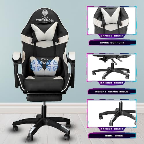 Image of Casa Copenhagen Designed in Denmark,High-Back Italian Leather Gaming Ergonomic Chair with Advanced Mechanism & Electric Back Massager, Memory Foam Seating & Multi Function Arm-Rest - White & Black