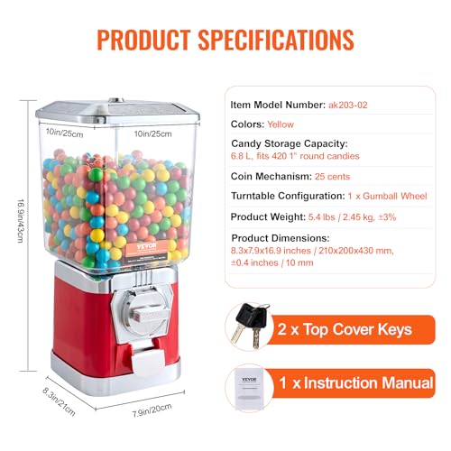 Image of VEVOR Gumball Machine for Kids, 17 inchH Home Candy Vending Machine, PC Gumball Dispenser, Bubble Gum Machine for Game Stores, Coin Operated Gumball Bank for Toy Capsules Bouncy Balls Candy, Red