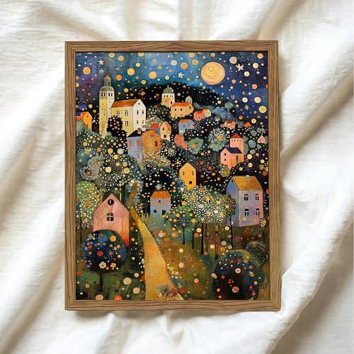 Image of Abstract Moon Stars Tree Framed Canvas Wall Art - Vintage Gustav Klimt Style Oil Painting Print, Village Night Landscape Decor for Living Room Bedroom Nursery Office 8x10 inch
