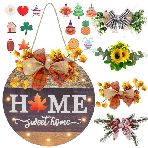 Interchangeable-Seasonal-Welcome-Sign-Front-Door-Decoration-with-4-Seasonal-Wreaths-and-LED-Light-Rustic-Round-Wood-Wreaths-Wall-Hanging-Outdoor-Farmhouse-Front-Door-Decoration-Home-Decor