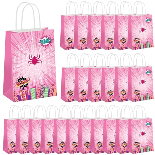 Image of Henoyso 24 Pcs Pink Spider Party Favor Goodie Bags with Handles Pink Ghost Theme Birthday Decorations Treat Candy Snack Gift Bags for Baby Shower Birthday Party Supplies