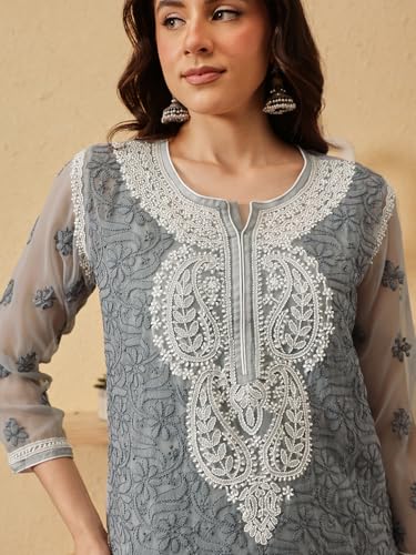 Image of Ada Women's Georgette Regular Fit Chikankari Hand Embroidered Lucknowi Short Top Kurti with Slip A211683