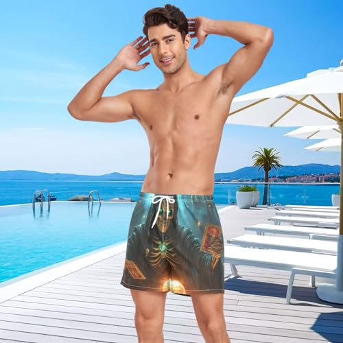 Mens Swim Trunks with Liner, Skeleton Witch Card Cool Quick Dry Beach Swim Shorts, Swimwear Bathing Suits S4