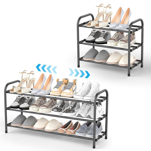 SKUTZTEK Étagère à Chaussures Extensible 3 Niveaux - Rangement Étroit en Métal, Réglable de 42-80 cm, Gain de Place pour Couloir, Entrée, Placard et...